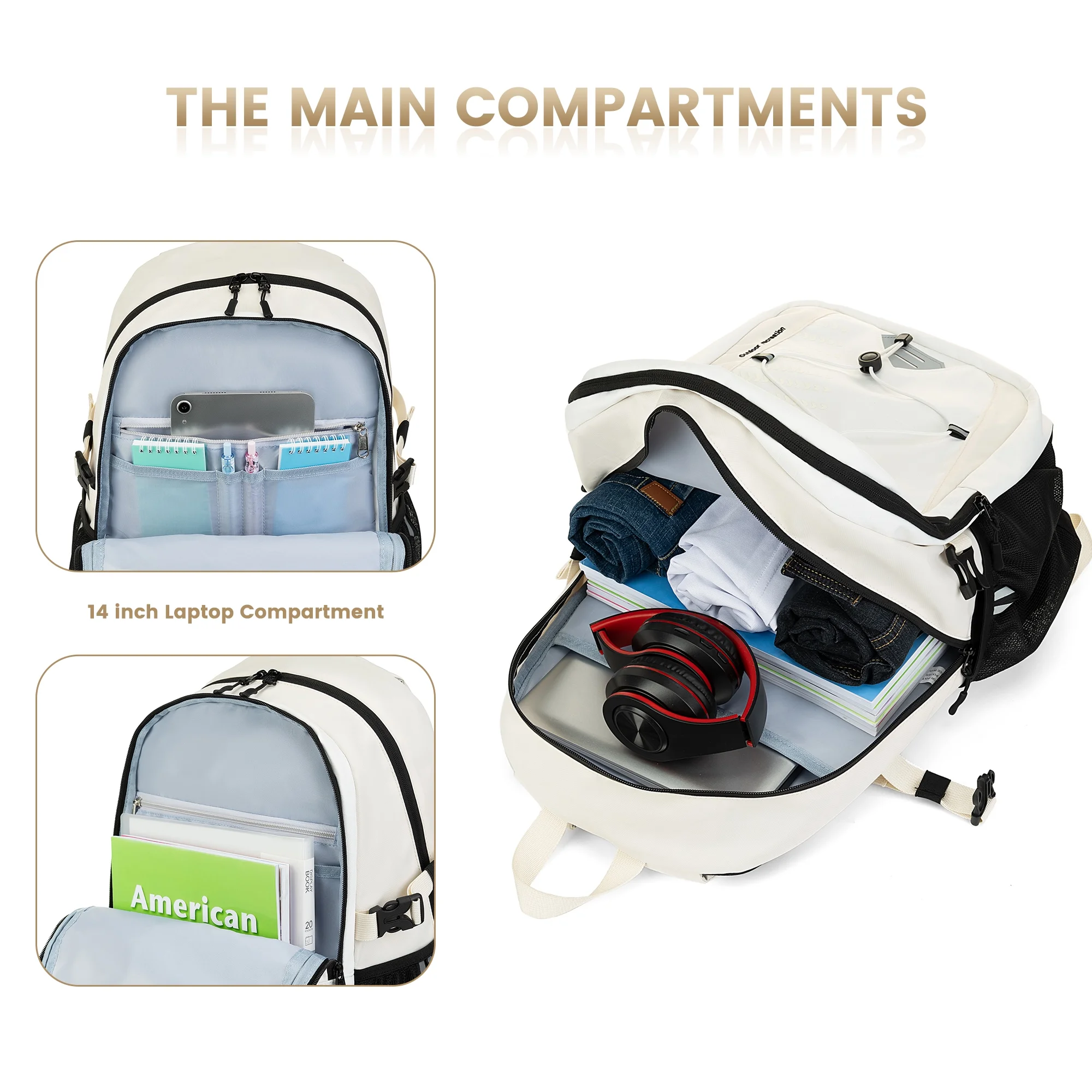 Backpack for Men and Women, Water Resistant College Bookbag, Lightweight School Travel Carry On Back Pack,white - Image 5