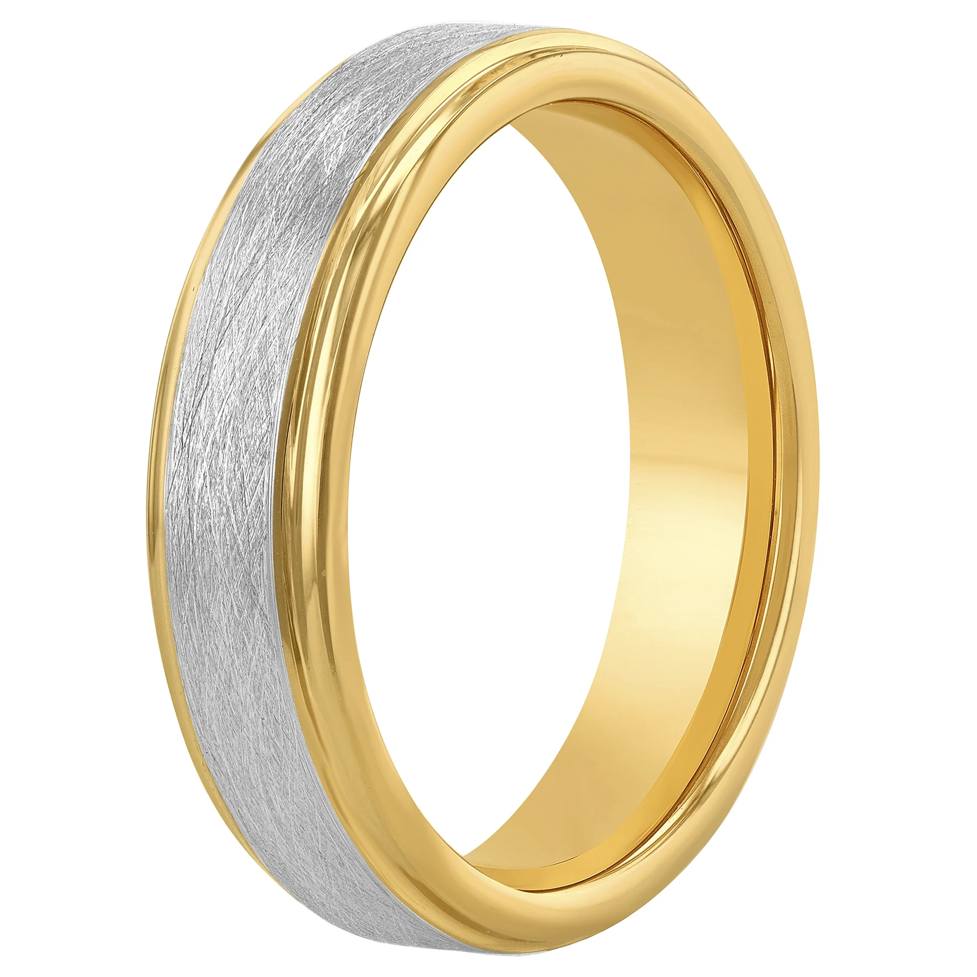 Men's Tungsten 6MM Two-Tone Yellow Finish Satin and High-Polished Grooved Step Edge Wedding Band by Brilliance Fine Jewelry - Mens Rin - Image 3
