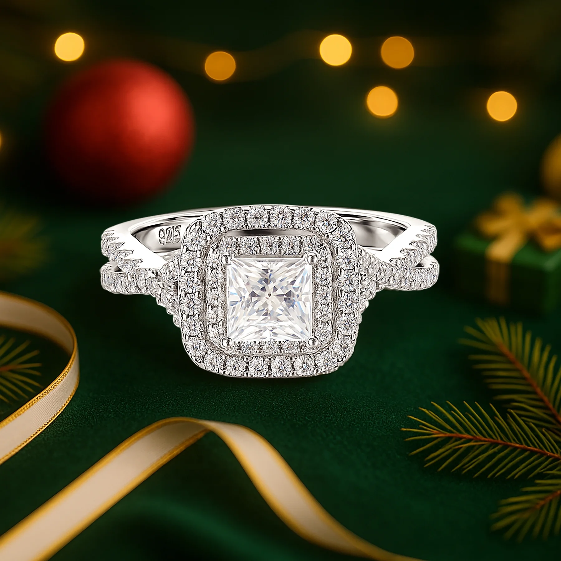 JeenMata 1 Carat Princess Cut Moissanite Engagement Ring - Bridal Set - Double Halo Ring - Cluster Ring - 18k White Gold Plated for Women - Image 6