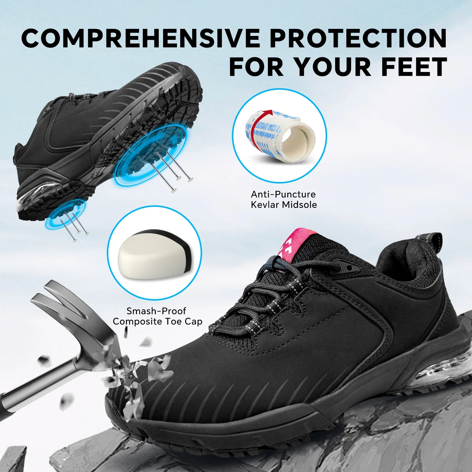 SPIEZ Composite Toe Shoes for Men Work, Safety Shoes Lightweight Slip Resistant Air Cushion Running Shoes Puncture Proof Tread Sneakers,Black Size 12 - Image 5